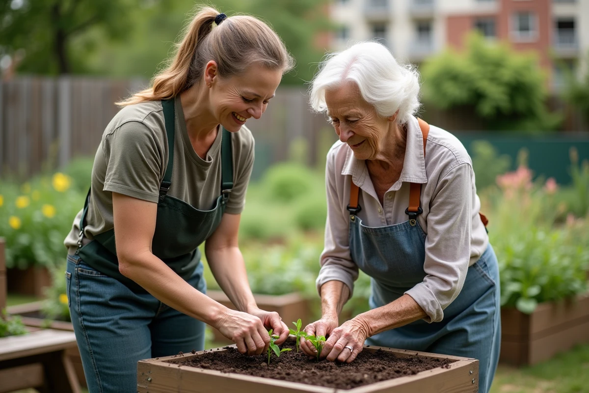 Volontaire aidant une personne âgée dans un jardin communautaire