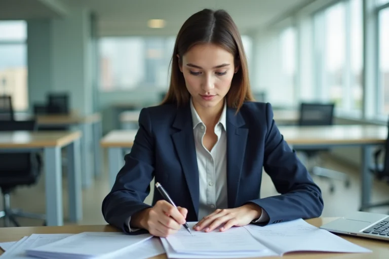Jeune femme en blazer bleu vérifiant une checklist au bureau
