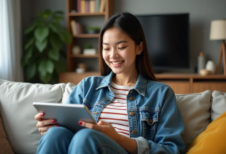 Jeune femme détendue utilisant une tablette dans son salon