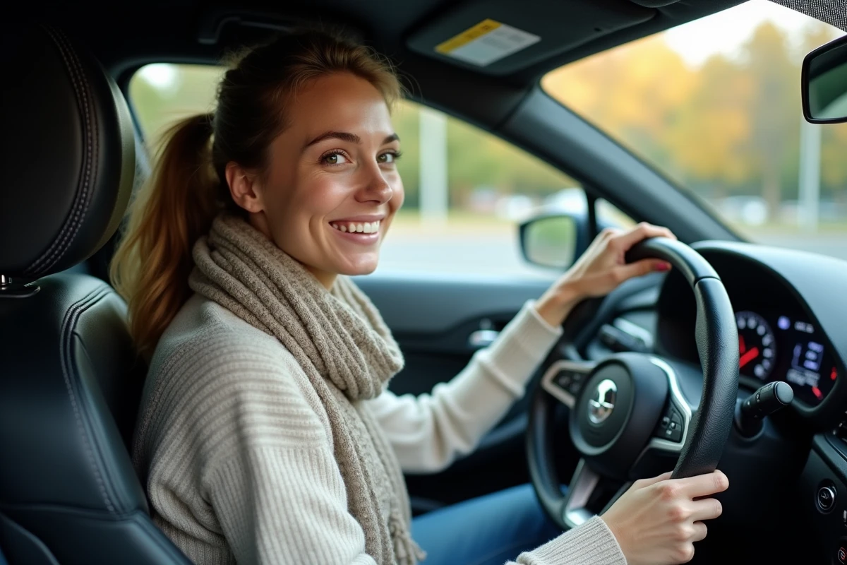 Jeune femme souriante dans l’habitacle d’une voiture sportive