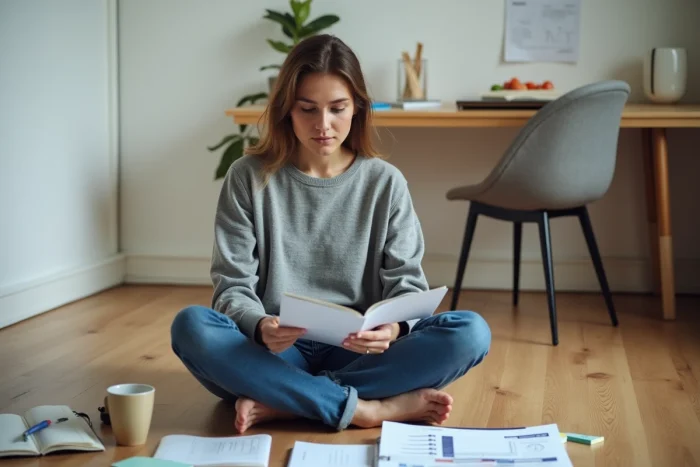 Jeune femme consultant un guide business gratuit entourée de documents et de notes dans un bureau modeste à domicile