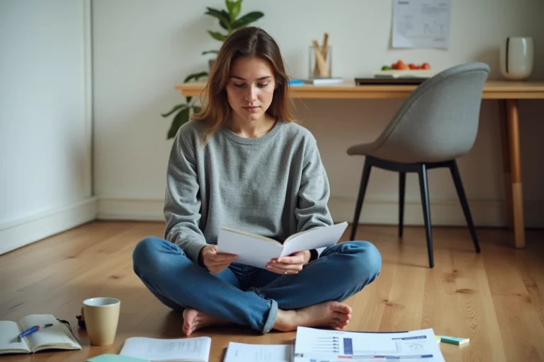 Jeune femme consultant un guide business gratuit entourée de documents et de notes dans un bureau modeste à domicile