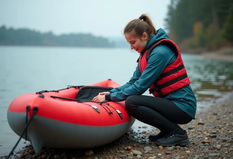Jeune femme vérifiant son kayak sur la plage au bord du lac