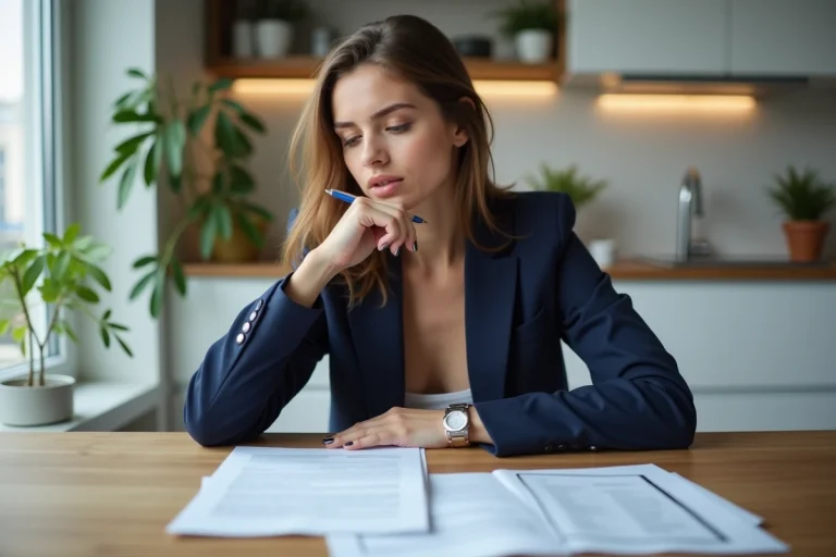 Jeune femme en blazer navy lit des documents de location