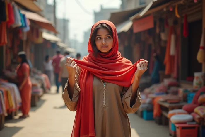 Jeune femme regardant un foulard rouge dans un marché indien coloré