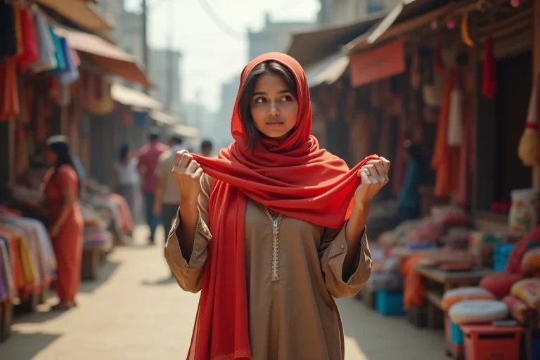 Jeune femme regardant un foulard rouge dans un marché indien coloré