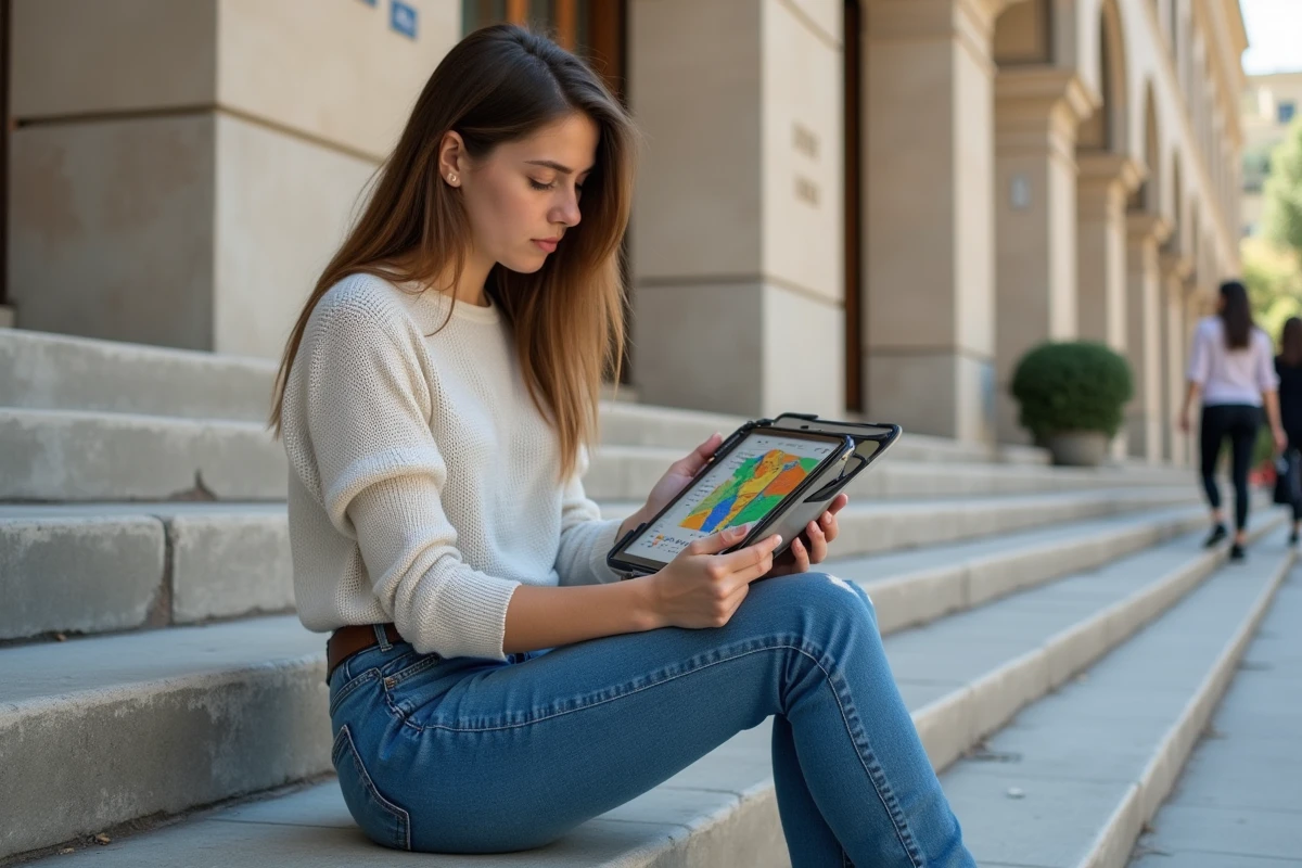 Jeune femme avec tablette et smartphone dehors