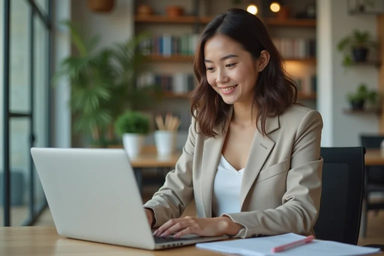 Jeune femme concentrée travaillant sur son ordinateur dans un espace coworking
