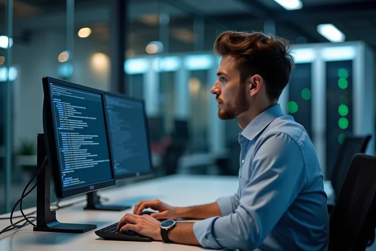 Jeune homme en tenue casual travaillant sur un ordinateur en bureau IT