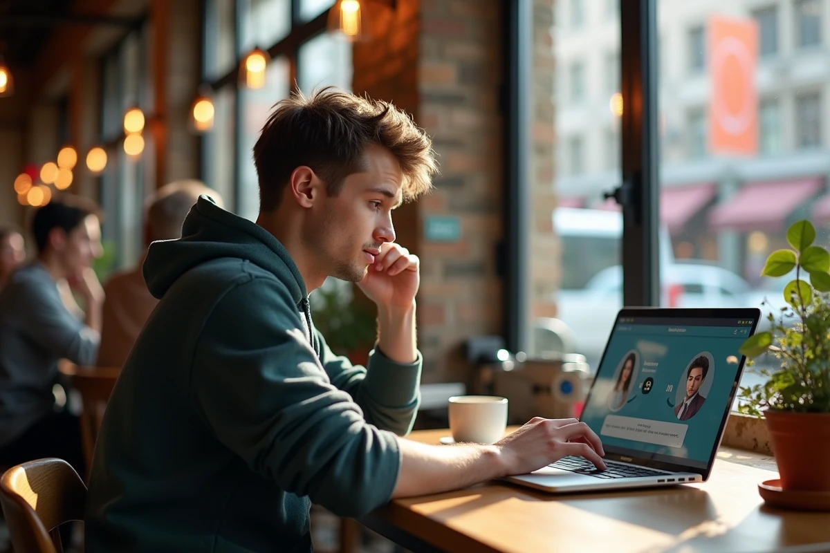 Jeune homme dans un café urbain en appel vidéo
