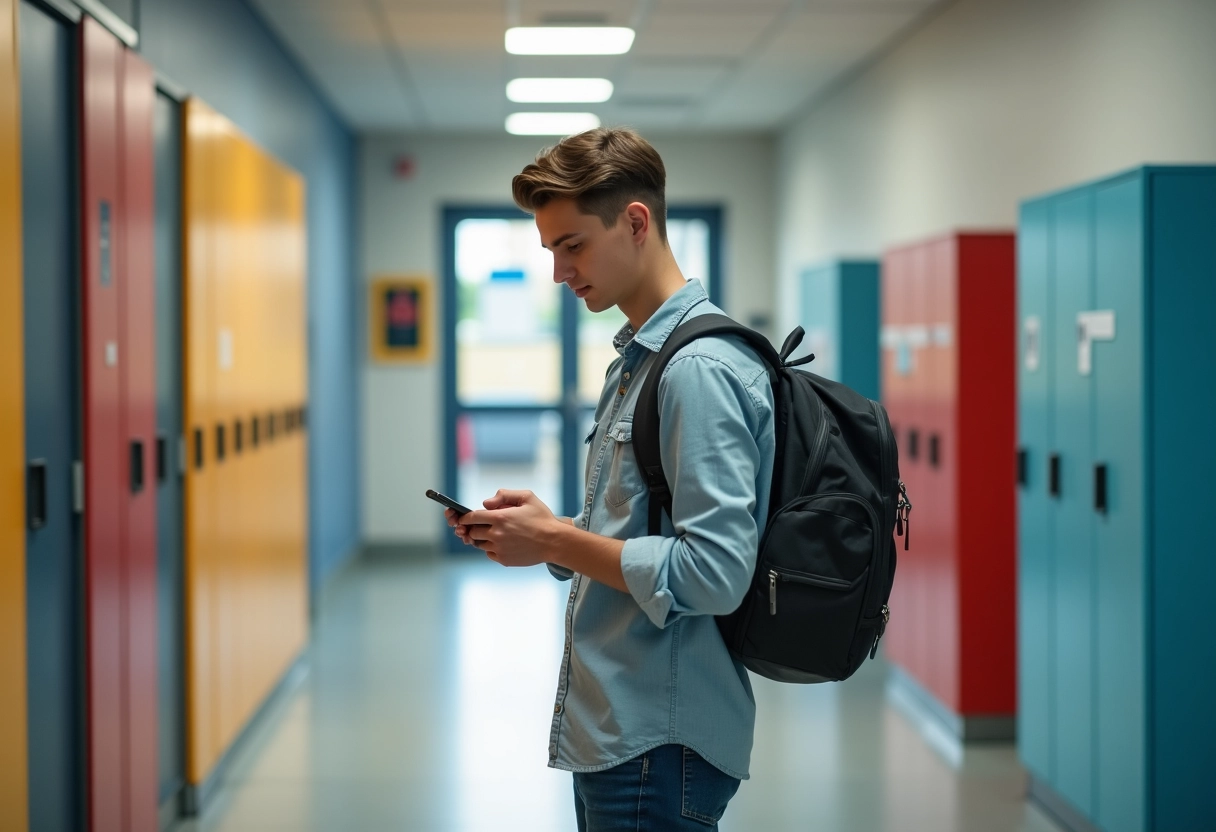 Jeune homme utilisant son smartphone dans un couloir scolaire coloré