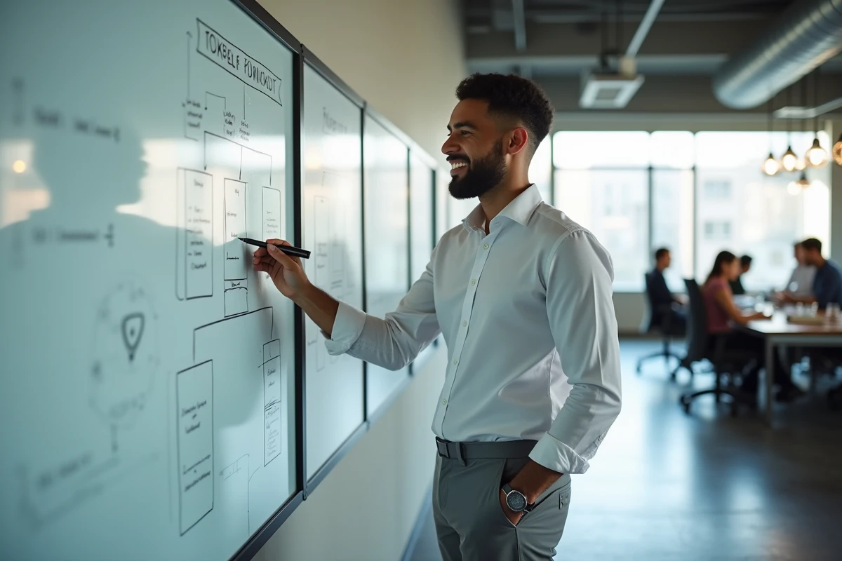 Jeune homme esquissant un flowchart dans un espace de coworking