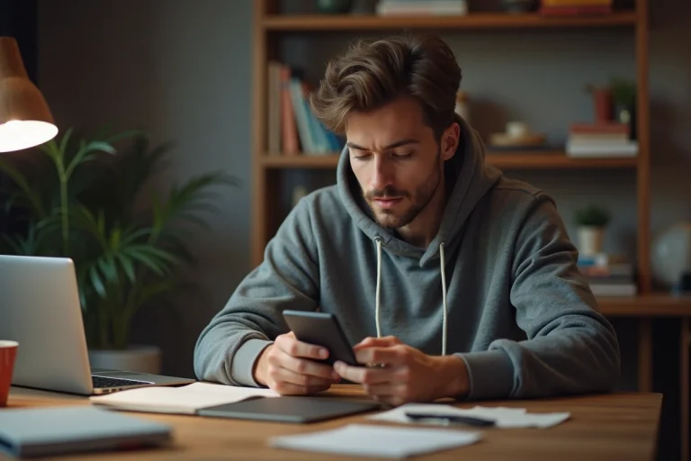 Jeune homme concentré utilisant un smartphone dans son appartement