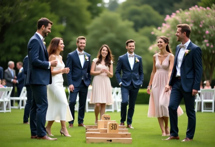 Groupe d'adultes élégants jouant à un jeu lors d'un mariage en extérieur