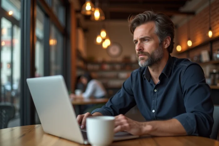 Journaliste masculin tapant sur un ordinateur portable dans un café, représentant la couverture médiatique et l'analyse d'un leak controversé