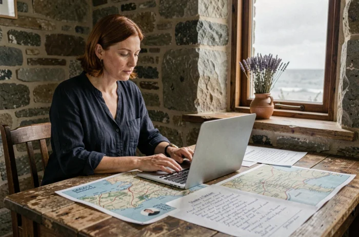 Journaliste bretonne travaillant sur un magazine numérique dans un studio côtier en pierre avec des cartes régionales et un ordinateur portable
