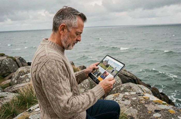 Homme consultant un magazine breton numérique sur tablette devant une côte rocheuse et une mer agitée en Bretagne