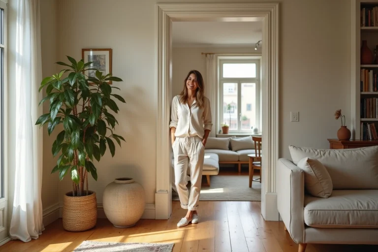 Femme souriante dans un appartement bien aménagé et agréable au quotidien