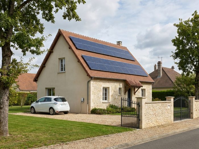 Maison familiale avec panneaux solaires installés sur le toit en France