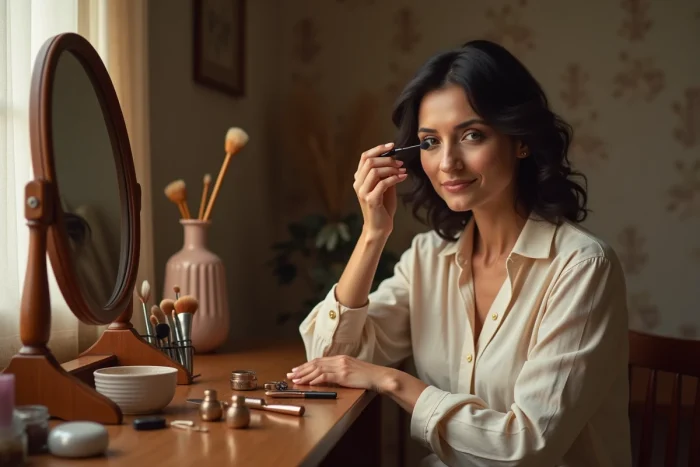Femme se maquillant devant une coiffeuse vintage en bois, conseils maquillage et beauté au quotidien