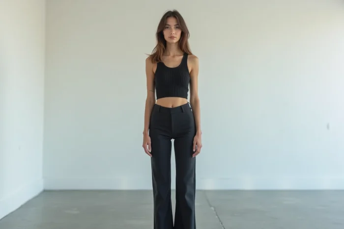 Femme mince en tenue élégante dans un espace minimaliste blanc, mise en valeur de la silhouette