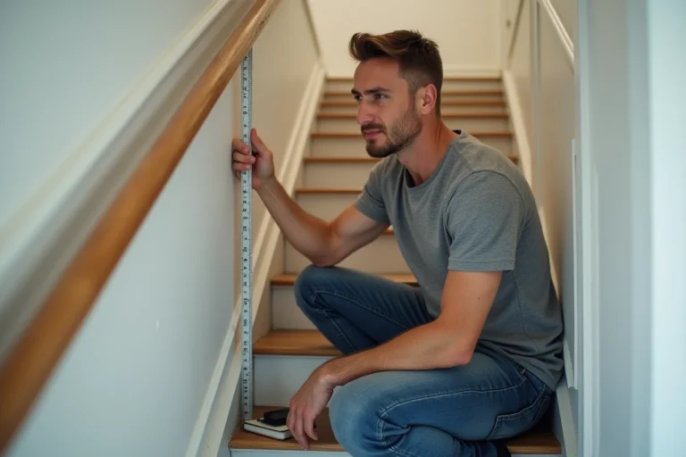 Homme mesurant la largeur d'un escalier intérieur avec un mètre ruban pour vérifier le passage d'un meuble