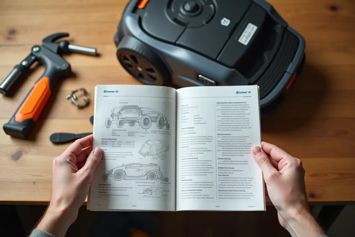Notice technique et fiche de caractéristiques du Husqvarna Automower 310 posées sur un établi en bois
