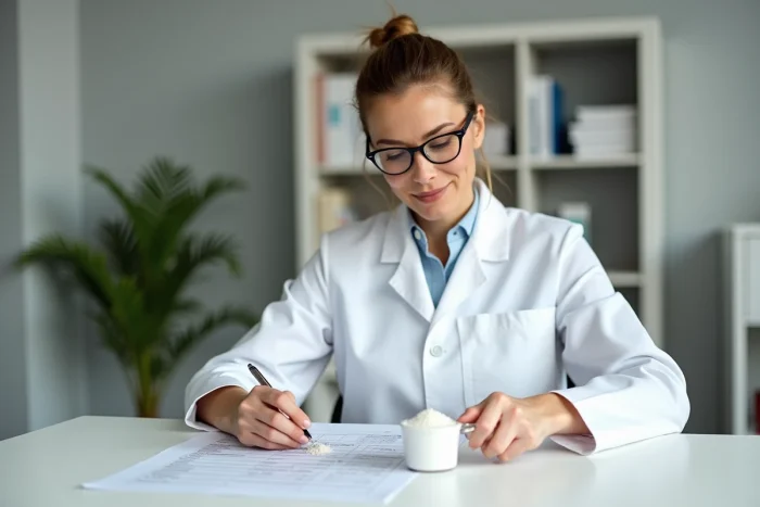 Nutritionniste analysant un tableau de teneur en sucre avec une mesure de sucre blanc, représentant les effets du sucre du pastis sur la santé