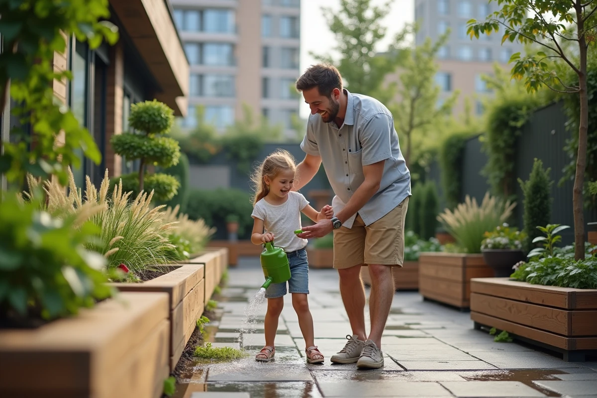 Père et fille jouant dans un jardin urbain avec arrosage