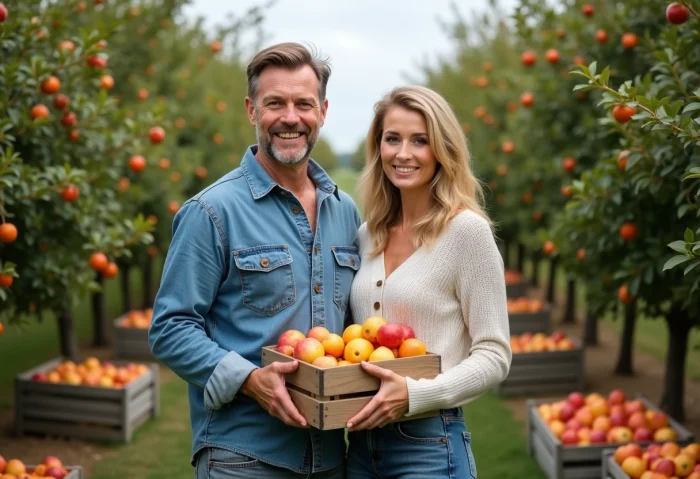 Couple dans un verger avec pommes et oranges