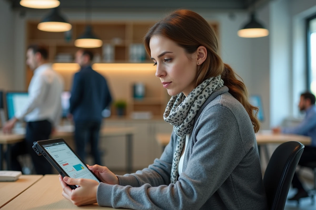 Femme universitaire vérifiant un tableau de bord sur une tablette