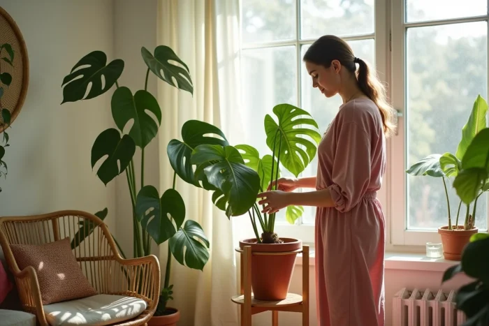 Femme disposant des plantes purificatrices dans un salon lumineux selon l'approche biophilique