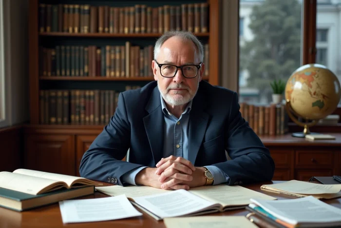 Professeur de droit analysant différents types d'arrêts juridiques dans son bureau universitaire