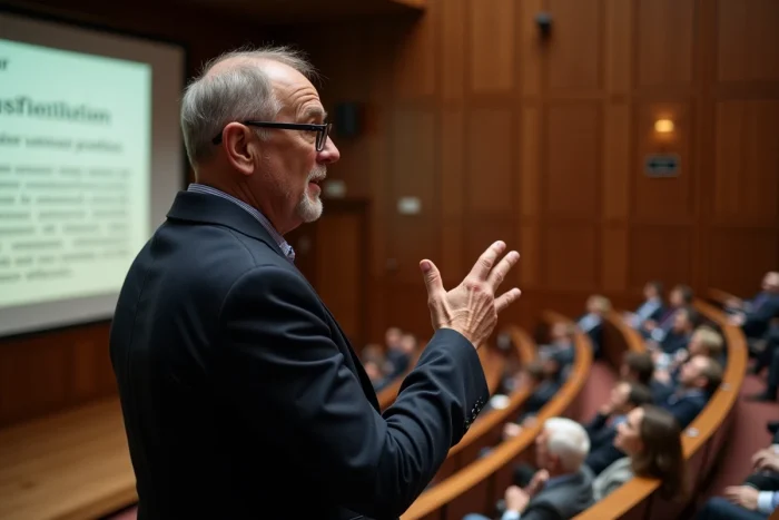 Professeur de droit expliquant l'article 14 de la Déclaration des Droits de l'Homme dans un amphithéâtre universitaire français