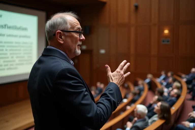 Professeur de droit expliquant l'article 14 de la Déclaration des Droits de l'Homme dans un amphithéâtre universitaire français