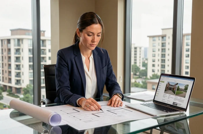 Femme professionnelle analysant des plans immobiliers dans une agence moderne avec vue sur la ville