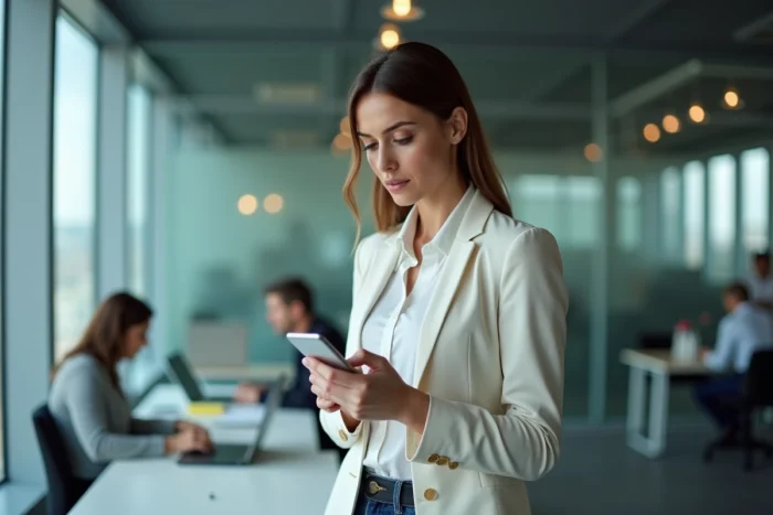 Jeune professionnelle en bureau vérifiant un appel téléphonique douteux sur son smartphone, reconnaître une arnaque numéro 05 indésirable