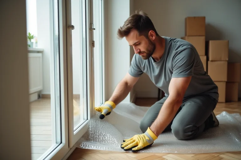 Homme emballant une vitre avec du papier bulle lors d'un déménagement dans un appartement