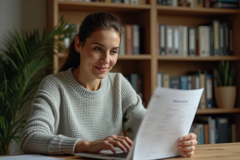 Femme recherchant un nom à partir d'une adresse sur ordinateur portable dans un bureau à domicile