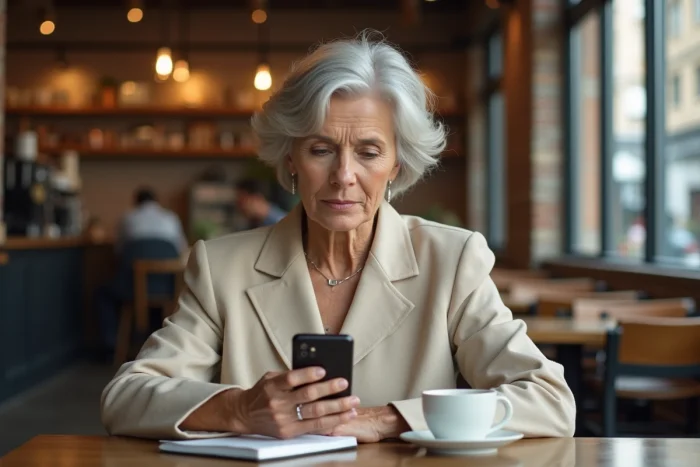 Femme utilisant une application de carte sur smartphone pour identifier un nom à partir d'une adresse dans un café