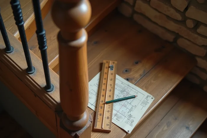 Règle pliable et schéma de mesures posés sur une marche d'escalier en bois pour calculer le gabarit d'un meuble
