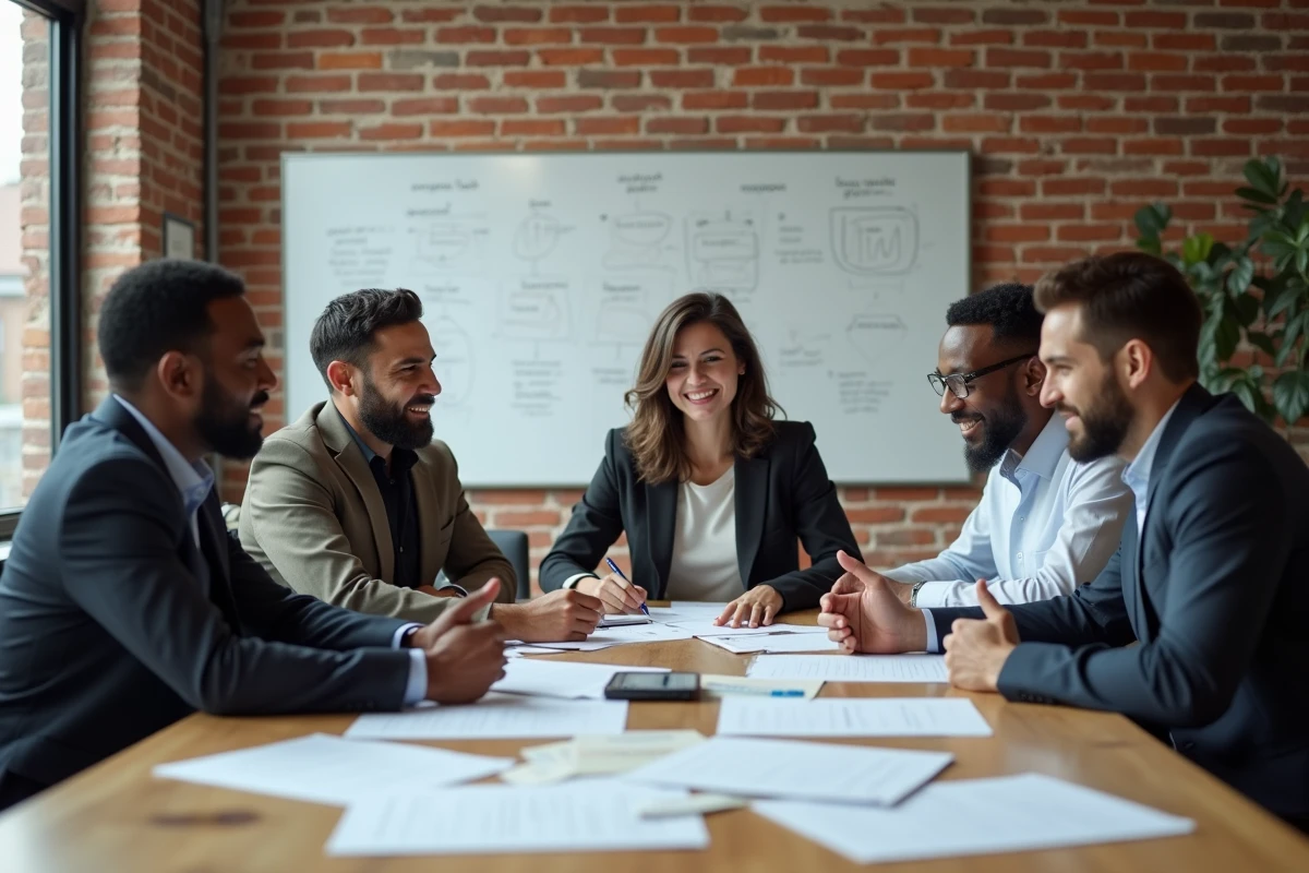 Groupe de professionnels en discussion dans un espace coworking