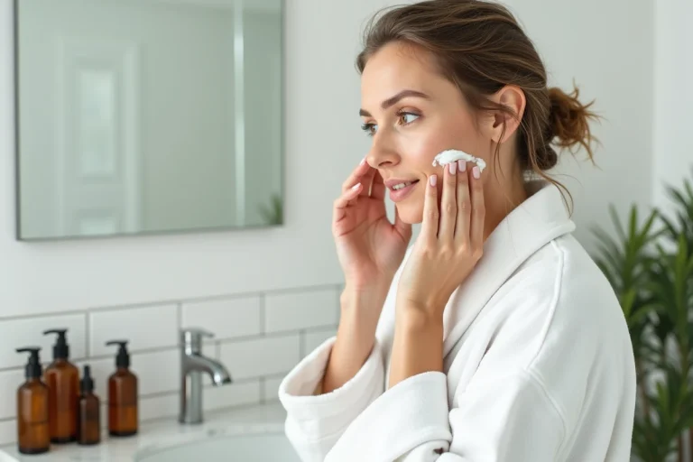 Femme appliquant sa crème hydratante dans une salle de bain moderne et élégante, routine beauté quotidienne