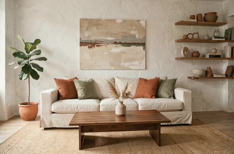Salon scandinave moderne avec canapé en lin crème, coussins terracotta et vert sauge, table basse en noyer et plante tropicale dans un pot en argile