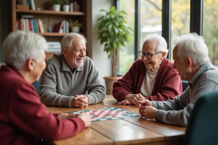 Groupe de seniors jouant à un jeu de société dans un espace lumineux