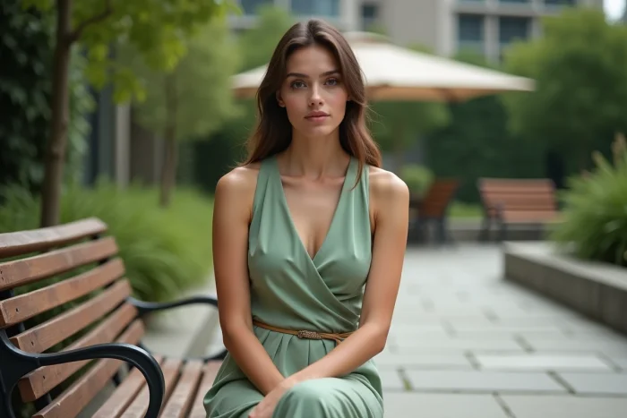 Jeune femme en robe sage green assise dans un jardin urbain, silhouette élancée et naturelle