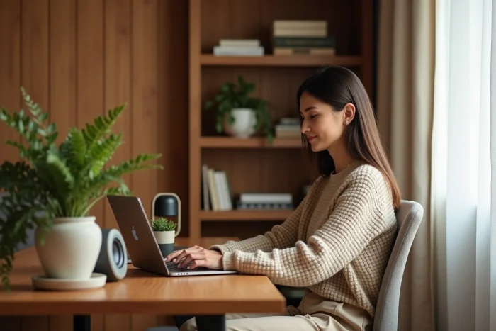 Femme travaillant dans un bureau à domicile avec une fontaine d'eau et un haut-parleur pour sons naturels ambiants