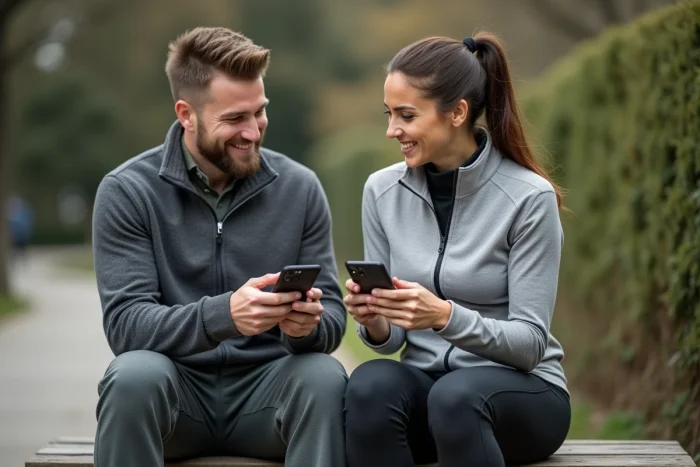 Deux sportifs comparant leurs applications Strava sur leurs smartphones assis sur un banc dans un parc