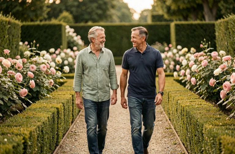 Stéphane Marie et son compagnon se promenant ensemble dans un jardin à la française