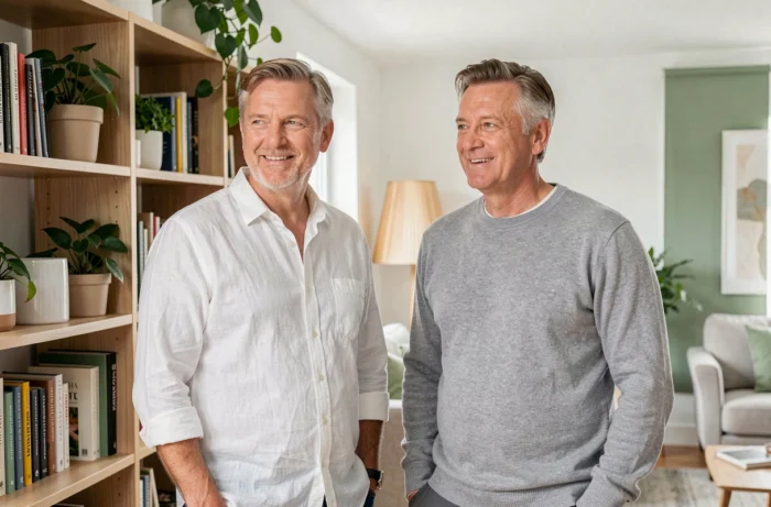Portrait de Stéphane Marie et de son compagnon dans leur intérieur chaleureux et moderne